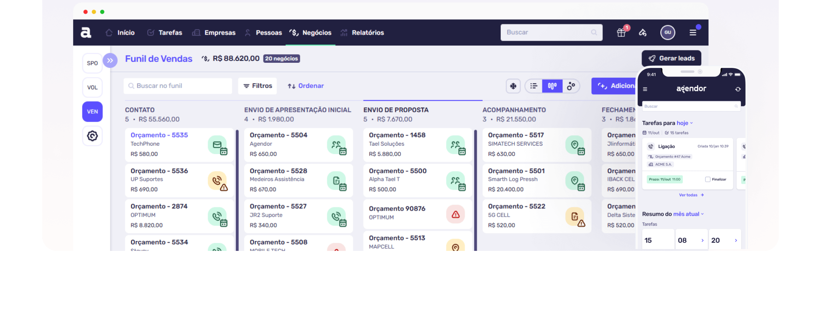 Dashboard Agendor — funil de vendas com CRM integrado ao WhatsApp