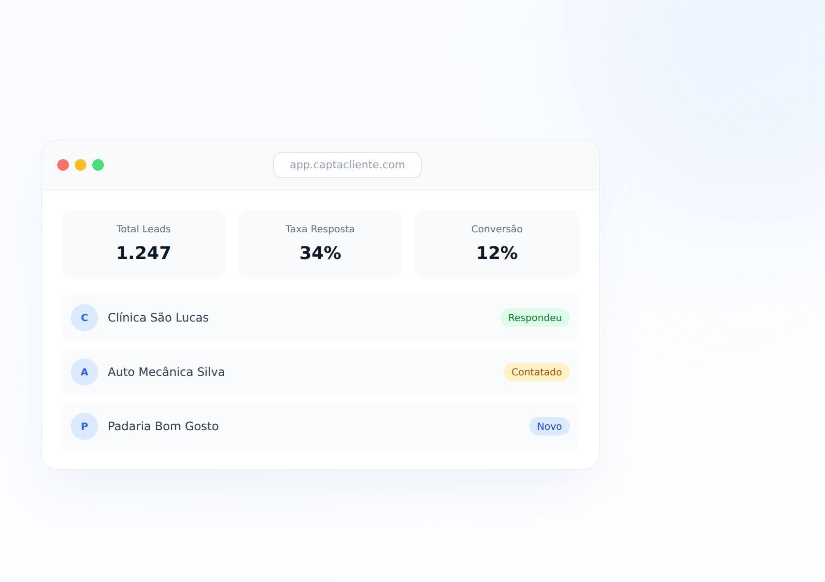 Dashboard do CaptaCliente com lista de leads capturados do Google Maps